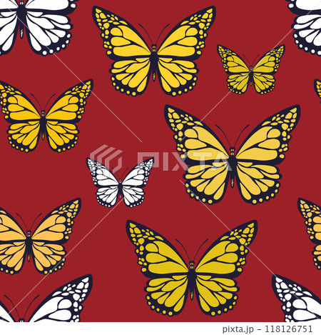 Seamless pattern with funny colorful Butterflies, flowers. Color flat vector illustration for invitation, poster, card, textile, fabric. Butterfly graphic design print. Trendy animal motif wallpaper Seamless pattern with funny colorful Butterflies, flowers. Color flat vector illustration for invitation, poster, card, textile, fabric. Butterfly graphic design print. Trendy animal motif wallpaper 118126751