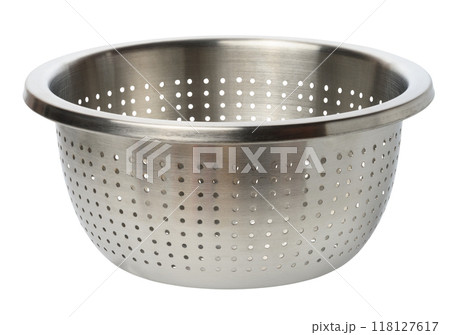Round metal empty colander with holes on isolated background Round metal empty colander with holes on isolated background 118127617