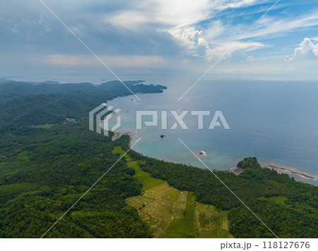 Green forest in tropical island, blue sea and waves. Mindanao, Philippines. Green forest in tropical island, blue sea and waves. Mindanao, Philippines. 118127676