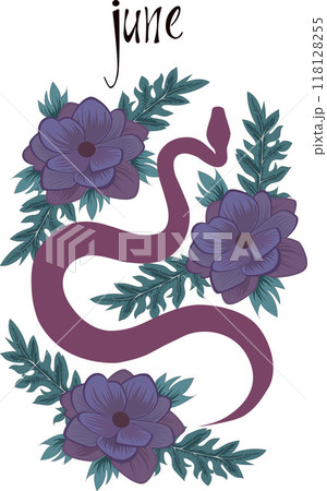 Snake in beautiful flowers and leaves, print for shoppers, mugs, notebooks, posters, T-shirts, calendars. Snake poster with lettering of month name. Poster with Year of the Snake 2025. William Morris Snake in beautiful flowers and leaves, print for shoppers, mugs, notebooks, posters, T-shirts, calendars. Snake poster with lettering of month name. Poster with Year of the Snake 2025. William Morris 118128255
