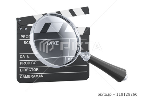 Clapperboard with loupe, magnifying glass. 3D rendering 118128260