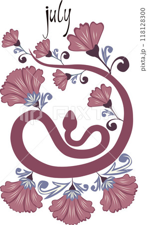 Snake in beautiful flowers and leaves, print for shoppers, mugs, notebooks, posters, T-shirts, calendars. Snake poster with lettering of month name. Poster with Year of the Snake 2025. William Morris 118128300
