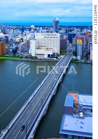 メディアシップ展望台より萬代橋とNEXT21方面の街並みを望む 118128446