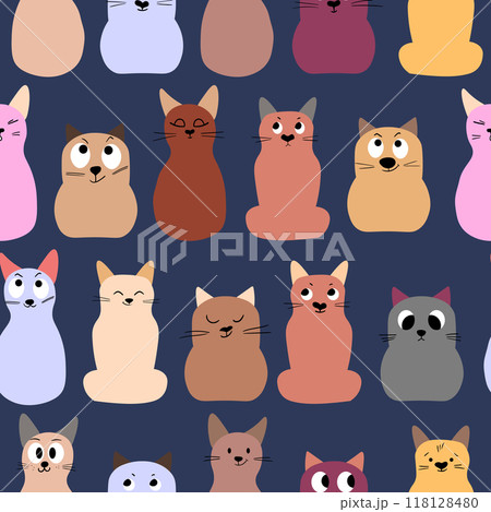 Seamless pattern with cute kitten print. Different scandy cats on color background. Scandinavian style illustration for kids. Vector illustration for fabric, textile, wallpaper, home clothing, pajama Seamless pattern with cute kitten print. Different scandy cats on color background. Scandinavian style illustration for kids. Vector illustration for fabric, textile, wallpaper, home clothing, pajama 118128480