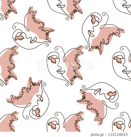 Woman face Continuous line seamless pattern. Abstract Female portrait with Butterfly. Drawing vector Wallpaper Woman face Continuous line seamless pattern. Abstract Female portrait with Butterfly. Drawing vector Wallpaper 118128633