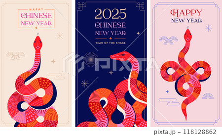 Chinese new year 2025 year of the Snake. Red Snake illustrations, vertical design, cards, banners 118128862