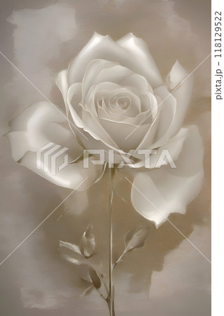 beautiful art with white rose against soft pale grey-beige background. Digital artwork in oil paint style. close up.  Ai genarated 118129522