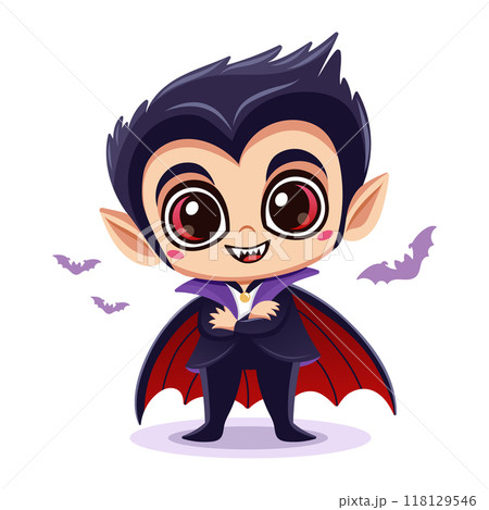 Adorable cartoon vampire character with a big smile, dressed in a classic black and red cape. Vector illustration Adorable cartoon vampire character with a big smile, dressed in a classic black and red cape. Vector illustration 118129546