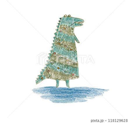 Cute color pencils drawing green crocodile in Christmas lights garland like a tree. Childish New Year illustration with cheerful alligator for greeting card design, banner, sticker, holiday poster Cute color pencils drawing green crocodile in Christmas lights garland like a tree. Childish New Year illustration with cheerful alligator for greeting card design, banner, sticker, holiday poster 118129628