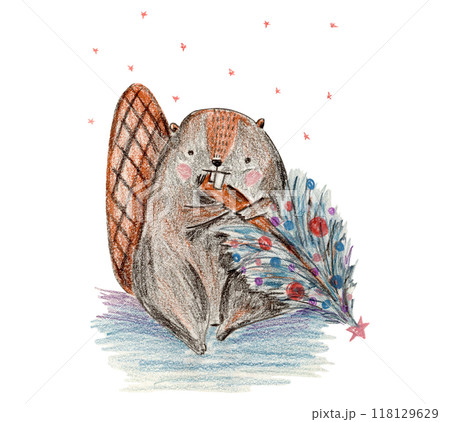Cute color pencils drawing brown beaver eating Christmas tree. Childish New Year illustration with cheerful animal for greeting card design, banner, sticker, holiday poster Cute color pencils drawing brown beaver eating Christmas tree. Childish New Year illustration with cheerful animal for greeting card design, banner, sticker, holiday poster 118129629