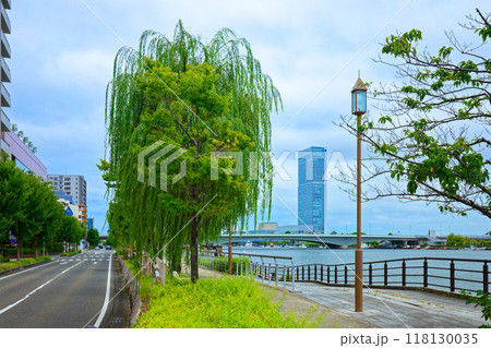 信濃川沿いのやすらぎ堤と朱鷺メッセ　Befcoばかうけ展望室 118130035