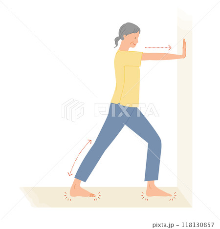 シニアの運動:女性がふくらはぎの壁押しストレッチをするイメージイラスト(足のむくみ解消) シニアの運動:女性がふくらはぎの壁押しストレッチをするイメージイラスト(足のむくみ解消) 118130857