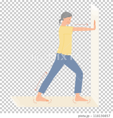 老年人運動:一位女士為小腿做推牆伸展運動(以緩解腿部腫脹)的插圖 老年人運動:一位女士為小腿做推牆伸展運動(以緩解腿部腫脹)的插圖 118130857