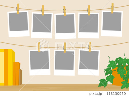 インスタントフィルムを飾った壁の横向きのイメージのイラスト_8枚 118130950