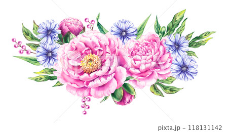 Watercolor pink peonies bouquet 118131142