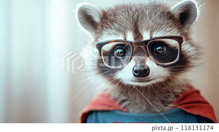 A raccoon wearing glasses and a superman shirt, AI A raccoon wearing glasses and a superman shirt, AI 118131174