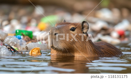A capybara swimming in a river of plastic bottles and other trash, AI A capybara swimming in a river of plastic bottles and other trash, AI 118131175