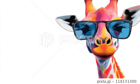 A giraffe wearing sunglasses and a colorful patterned shirt, AI 118131300
