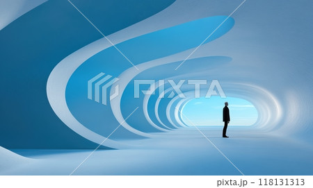 A man standing in a long tunnel with curved walls, AI A man standing in a long tunnel with curved walls, AI 118131313