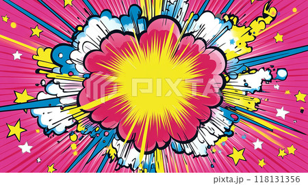 ポップアート風のカラフルな爆発イラストのイラスト素材 [118131356