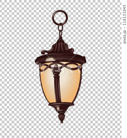 Hanging lantern with muted light in cartoon style. Hand drawn dark portable outdoor equipment of garden decoration illustration. Isolated drawing for autumn graphic and seasonal designs. 118131845