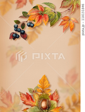 Fall card template vertical botanical illustration with blurred beige background. Hand drawn watercolor with detailed vibrant leaf. Ideal for seasonal autumn invitation and greeting postcards. 118131846