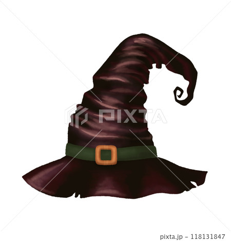 Witch hat cone-shaped dark brown headwear in cartoon style. Hand drawn magical Halloween costume party illustration. Isolated drawing perfect for autumn graphic and spooky season designs. 118131847