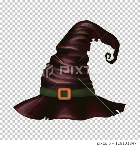 Witch hat cone-shaped dark brown headwear in cartoon style. Hand drawn magical Halloween costume party illustration. Isolated drawing perfect for autumn graphic and spooky season designs. 118131847