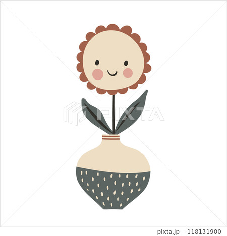 Cute baby flower in vase in kawaii cartoon style. Hand drawn vector doodle childish illustration. Isolated simple drawing for kid-friendly graphic and babyish book or card designs. 118131900
