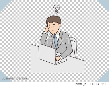 Illustration of a businessman doing desk work, looking confused and at a loss 118131937