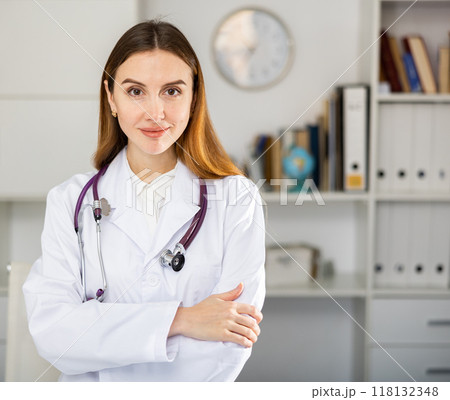 Portrait of female doctor standing in office Portrait of female doctor standing in office 118132348
