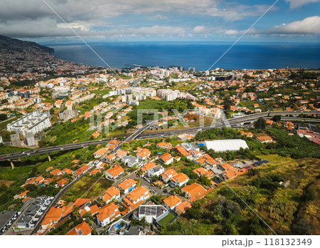 Aerial drone view of Funchal town, Madeira, Portugal Aerial drone view of Funchal town, Madeira, Portugal 118132349
