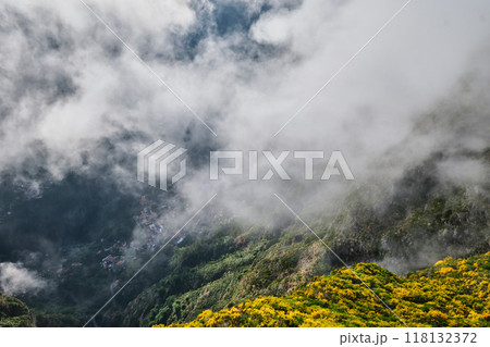 Aerial drone view of Curral das Freiras village, Madeira, Portugal 118132372