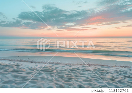 Pastel sunset over tranquil sandy beach 118132761