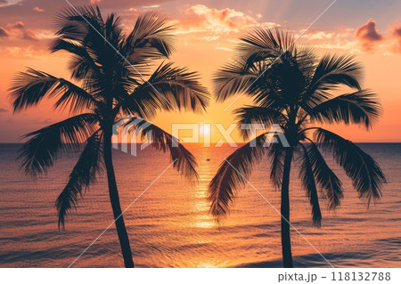 Vibrant tropical sunset with palm trees 118132788
