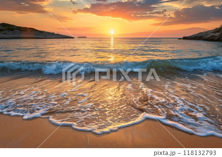 Golden sunset over vibrant sandy beach with waves 118132793