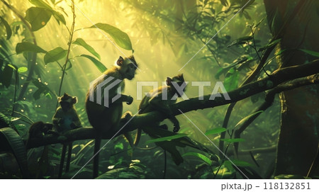 Monkeys Resting on Branch in Sunlit Jungle 118132851