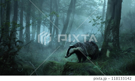 Badger in Enchanted Forest at Dawn 118133142