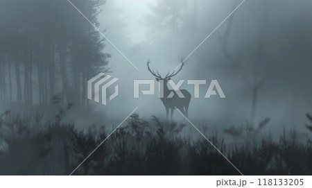 A deer stands in a forest with foggy air 118133205