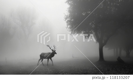 A deer stands in a forest with foggy air 118133207