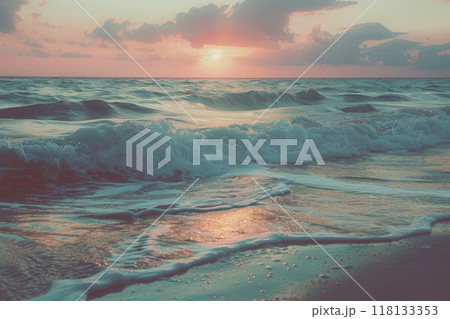 Close up of ocean wave at sunset with colorful sky 118133353
