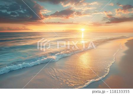Close up of ocean wave at sunset with colorful sky 118133355