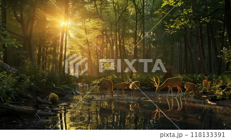 A group of deer are drinking from a river in a forest A group of deer are drinking from a river in a forest 118133391