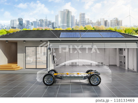 Ev car with solar panel on garage roof 118133469