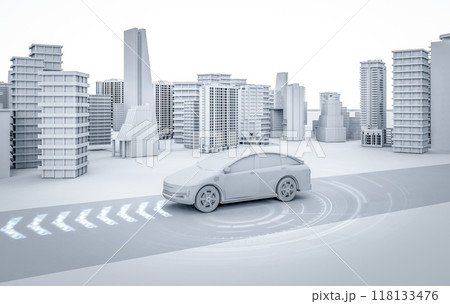 White ev car model drive in town with digital graphic interface White ev car model drive in town with digital graphic interface 118133476