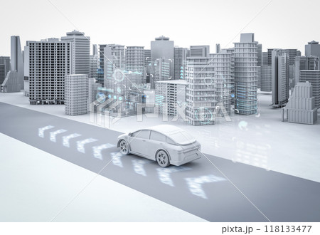 White ev car model drive in town with digital graphic interface White ev car model drive in town with digital graphic interface 118133477