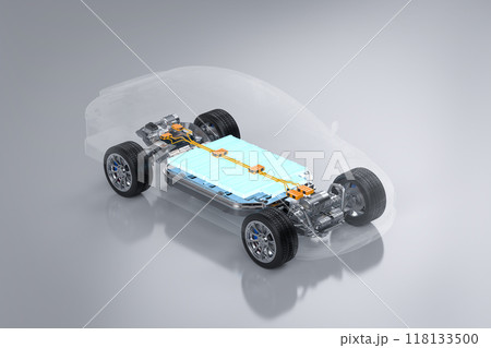 Ev car or electric vehicle with battery pouch cells glowing Ev car or electric vehicle with battery pouch cells glowing 118133500