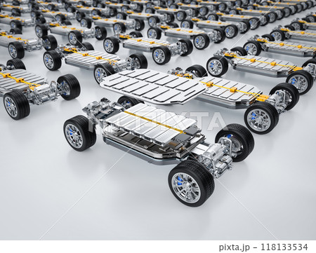 Exploded view of ev car or electric vehicle with battery pouch cells 118133534