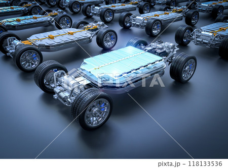 Exploded view of ev car or electric vehicle with battery pouch cells 118133536