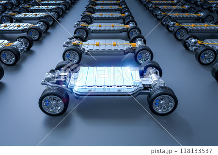 Exploded view of ev car or electric vehicle with battery pouch cells Exploded view of ev car or electric vehicle with battery pouch cells 118133537
